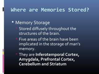 Where are Memories Stored?
 Memory Storage
 Stored diffusely throughout the
structures of the brain.
 Five areas of the brain have been
implicated in the storage of man’s
memory.
 They are Inferotemporal Cortex,
Amygdala, Prefrontal Cortex,
Cerebellum and Striatum
 