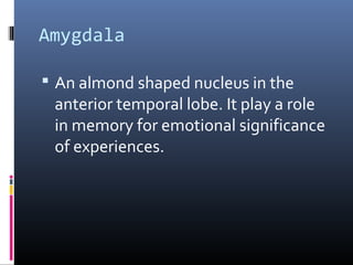 Amygdala
 An almond shaped nucleus in the
anterior temporal lobe. It play a role
in memory for emotional significance
of experiences.
 