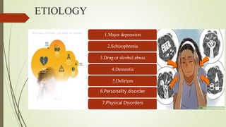 ETIOLOGY
1.Major depression
2.Schizophrenia
3.Drug or alcohol abuse
4.Dementia
5.Delirium
6.Personality disorder
7.Physical Disorders
 