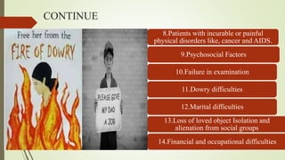 CONTINUE
8.Patients with incurable or painful
physical disorders like, cancer and AIDS.
9.Psychosocial Factors
10.Failure in examination
11.Dowry difficulties
12.Marital difficulties
13.Loss of loved object Isolation and
alienation from social groups
14.Financial and occupational difficulties
 