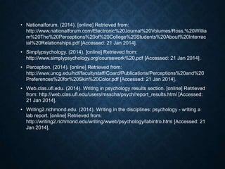 • Nationalforum. (2014). [online] Retrieved from:
http://www.nationalforum.com/Electronic%20Journal%20Volumes/Ross,%20Willia
m%20The%20Perceptions%20of%20College%20Students%20About%20Interrac
ial%20Relationships.pdf [Accessed: 21 Jan 2014].
• Simplypsychology. (2014). [online] Retrieved from:
http://www.simplypsychology.org/coursework%20.pdf [Accessed: 21 Jan 2014].

• Perception. (2014). [online] Retrieved from:
http://www.uncg.edu/hdf/facultystaff/Coard/Publications/Perceptions%20and%20
Preferences%20for%20Skin%20Color.pdf [Accessed: 21 Jan 2014].
• Web.clas.ufl.edu. (2014). Writing in psychology results section. [online] Retrieved
from: http://web.clas.ufl.edu/users/msscha/psych/report_results.html [Accessed:
21 Jan 2014].

• Writing2.richmond.edu. (2014). Writing in the disciplines: psychology - writing a
lab report. [online] Retrieved from:
http://writing2.richmond.edu/writing/wweb/psychology/labintro.html [Accessed: 21
Jan 2014].

 