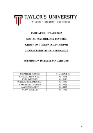 FNBE APRIL INTAKE 2013
SOCIAL PSYCHOLOGY PSYC0103
GROUP ONE (WEDNESDAY 3:00PM)
CHARACTERISTIC VS. APPERANCE

SUBMISSION DATE: 22 JANUARY 2014

MEMBER NAME:

STUDENT ID

CHEONG SIEW YING
CHIA WEE MIN
PEERUN BIBI AMEERAH
MAHIABDUL MUHSIN
NAWAZ SHAREEF
VOON SZE LUN

0314618
0315186
0313939
0314421
0310405
0315032

0

 