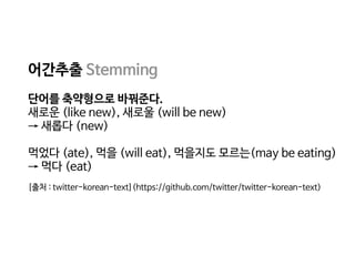 어간추출 Stemming

단어를 축약형으로 바꿔준다. 

새로운 (like new), 새로울 (will be new) 

→ 새롭다 (new)

먹었다 (ate), 먹을 (will eat), 먹을지도 모르는(may be eating) 

→ 먹다 (eat)

[출처 : twitter-korean-text](https://github.com/twitter/twitter-korean-text)
 