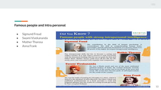 Famous people and Intra personal
● Sigmund Freud
● Swami Vivekananda
● Mother Tharesa
● Anna Frank
13
 