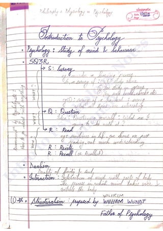 DISCLAIMER: While the document has attempted to make the information as accurate as possible, the information on this document is for personal and/or
educational use only and is provided in good faith without any express or implied warranty. There is no guarantee given as to the accuracy or currency of any
individual items. The document does not accept responsibility for any loss or damage occasioned by use of the information contained and acknowledges
credit of author(s) where ever due. While the document makes every effort to ensure the availability and integrity of its resources, it cannot guarantee that
these will always be available, and/or free of any defects, including viruses. Users should take this into account when accessing the resources. All access and
use is at the risk of the user and owner reserves that right to control or deny access.
Information, notes, models, graph etc. provided about subjects, topics, units, courses and any other similar arrangements for course/paper, are an expression
to facilitate ease of learning and dissemination of views/personal understanding and as such they are not to be taken as a firm offer or undertaking. The
document reserves the right to discontinue or vary such subjects, topic, units, courses, or arrangements at any time without notice and to impose limitations
on accessibility in any course.
Introductory Psychology Notes, First Edition
Copyright © 2013 Akshansh
ALL RIGHTS RESERVED.
Presented by: Akshansh Chaudhary
Graduate of BITS Pilani, Dubai Campus
Batch of 2011
Course content by: Dr. Aqila Raffiuddin
Then Faculty, BITS Pilani, Dubai Campus
Layout design by: AC Creations © 2013
The course content was prepared during Fall, 2014.
More content available at: www.Akshansh.weebly.com
 