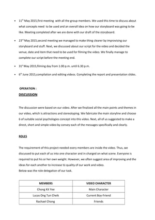 • 11th
May 2015,first meeting with all the group members. We used this time to discuss about
what concepts need to be used and an overall idea on how our storyboard was going to be
like. Meeting completed after we are done with our draft of the storyboard.
• 23rd
May 2015,second meeting we managed to make thing clearer by improvising our
storyboard and stuff. Next, we discussed about our script for the video and decided the
venue, date and item that need to be used for filming the video. We finally manage to
complete our script before the meeting end.
• 31st
May 2015,filming day from 1.00 p.m. until 6.30 p.m.
• 6th
June 2015,compilation and editing videos. Completing the report and presentation slides.
OPERATION :
DISCUSSION
The discussion were based on our video. After we finalized all the main points and themes in
our video, which is attractions and stereotyping. We fabricate the main storyline and choose
6 of suitable social psychologies concept into this video. Next, all of us suggested to make a
direct, short and simple video by convey each of the messages specifically and clearly.
ROLES
The requirement of this project needed every members are inside the video. Thus, we
discussed to put each of us into one character and in charged on what scene. Everyone is
required to put his or her own weight. However, we often suggest area of improving and the
ideas for each another to increase to quality of our work and video.
Below was the role delegation of our task.
MEMBERS VIDEO CHARACTER
Chong Kit Yee Main Character
Lucas Ong Tun Cheik Current Boy-Friend
Rachael Chong Friends
 
