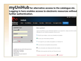 myUniHub for alternative access to the catalogue etc.
Logging in here enables access to electronic resources without
further authentication.
 