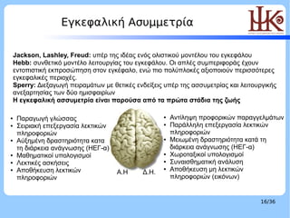 Εγκεφαλική Ασυμμετρία                                           LOGO




    Jackson, Lashley, Freud: υπέρ της ιδέας ενός ολιστικού μοντέλου του εγκεφάλου
    Hebb: συνθετικό μοντέλο λειτουργίας του εγκεφάλου. Οι απλές συμπεριφοράς έχουν
    εντοπιστική εκπροσώπηση στον εγκέφαλο, ενώ πιο πολύπλοκές αξιοποιούν περισσότερες
    εγκεφαλικές περιοχές.
    Sperry: Διεξαγωγή πειραμάτων με θετικές ενδείξεις υπέρ της ασσυμετρίας και λειτουργικής
    ανεξαρτησίας των δύο ημισφαιρίων
    Η εγκεφαλική ασσυμετρία είναι παρούσα από τα πρώτα στάδια της ζωής

●    Παραγωγή γλώσσας                                ●   Αντίληψη προφορικών παραγγελμάτων
●    Σειριακή επεξεργασία λεκτικών                   ●   Παράλληλη επεξεργασία λεκτικών
     πληροφοριών                                         πληροφοριών
●    Αύξημένη δραστηριότητα κατα                     ●   Μειωμένη δραστηριότητα κατά τη
     τη διάρκεια ανάγνωσης (ΗΕΓ-α)                       διάρκεια ανάγνωσης (ΗΕΓ-α)
●    Μαθηματικοί υπολογισμοί                         ●   Χωροταξικοί υπολογισμοί
●    Λεκτικές ασκήσεις                               ●   Συναισθηματική ανάλυση
●    Αποθήκευση λεκτικών              Α.Η     Δ.Η.
                                                     ●   Αποθήκευση μη λεκτικών
     πληροφοριών                                         πληροφοριών (εικόνων)


                                                                                     16/36
 