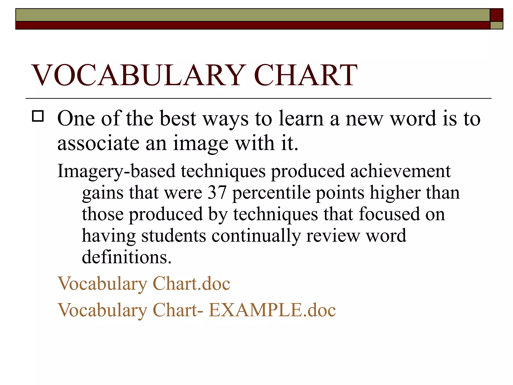 VOCABULARY CHART One of the best ways to learn a new word is to associate an image with it. Imagery-based techniques produced achievement gains that were 37 percentile points higher than those produced by techniques that focused on having students continually review word definitions. Vocabulary  Chart.doc Vocabulary Chart-  EXAMPLE.doc 