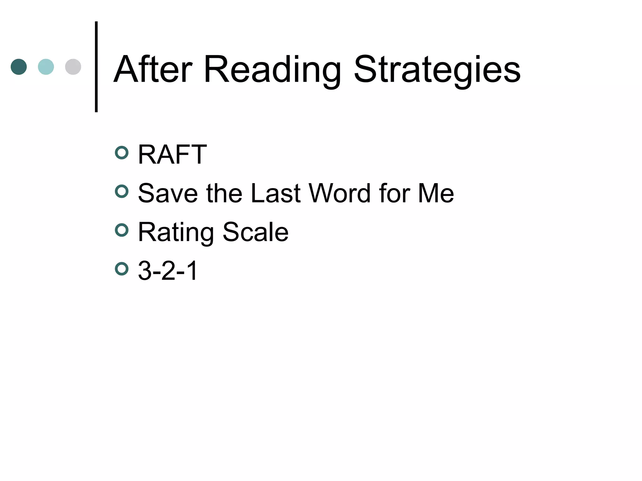 After Reading Strategies RAFT Save the Last Word for Me Rating Scale 3-2-1 