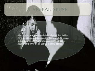 Also known as emotional child abuse, this is the
third most frequently reported form of child abuse
(after child neglect and physical child abuse),
accounting 17% of all cases of child abuse.
3- VERBAL ABUSE
 