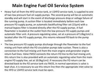 Main Engine Fuel Oil Service System
• Heavy fuel oil from the HFO service tank, or LSHFO service tank, is supplied to one
of two low pressure fuel oil supply pumps. The second pump will be on automatic
standby and will start in the event of discharge pressure drop or voltage failure of
the running pump. A suction filter is located immediately before each low
pressure FO supply pump, an automatic backflushing filter set (15μm) with a
manual bypass filter is located directly after the FO supply pumps. A fuel
flowmeter is located at the outlet from the low pressure FO supply pumps and
automatic filter unit. A pressure regulating valve, set at a pressure of 5.0kg/cm2 is
located after the FO supply pumps, this returns released FO back to the pump
suction.
• The low pressure FO supply pumps discharge through the flowmeter to the fuel
mixing unit from which the FO circulation pumps take suction. There is also a
connection to the fuel mixing unit from the main engine and generator engine
return fuel lines. Valve FM32 connects the return FO line to the fuel mixing unit,
this return line is also provided with an automatic regulating valve from the main
engine FO supply line, set at 10.0kg/cm2. If necessary the FO return can be
directed back to the FO service tank via FM33, in normal operations is valve is
kept shut, it is necessary to use this return line then the appropriate inlet valve to
the HFO or LSHFO service tank must be open.
 