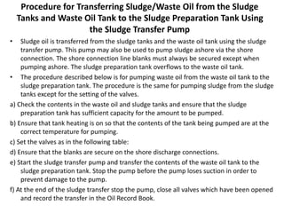 Procedure for Transferring Sludge/Waste Oil from the Sludge
Tanks and Waste Oil Tank to the Sludge Preparation Tank Using
the Sludge Transfer Pump
• Sludge oil is transferred from the sludge tanks and the waste oil tank using the sludge
transfer pump. This pump may also be used to pump sludge ashore via the shore
connection. The shore connection line blanks must always be secured except when
pumping ashore. The sludge preparation tank overflows to the waste oil tank.
• The procedure described below is for pumping waste oil from the waste oil tank to the
sludge preparation tank. The procedure is the same for pumping sludge from the sludge
tanks except for the setting of the valves.
a) Check the contents in the waste oil and sludge tanks and ensure that the sludge
preparation tank has sufficient capacity for the amount to be pumped.
b) Ensure that tank heating is on so that the contents of the tank being pumped are at the
correct temperature for pumping.
c) Set the valves as in the following table:
d) Ensure that the blanks are secure on the shore discharge connections.
e) Start the sludge transfer pump and transfer the contents of the waste oil tank to the
sludge preparation tank. Stop the pump before the pump loses suction in order to
prevent damage to the pump.
f) At the end of the sludge transfer stop the pump, close all valves which have been opened
and record the transfer in the Oil Record Book.
 