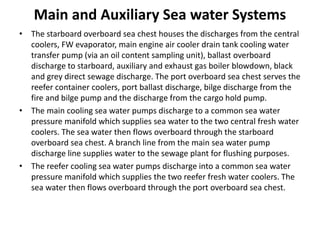 Main and Auxiliary Sea water Systems
• The starboard overboard sea chest houses the discharges from the central
coolers, FW evaporator, main engine air cooler drain tank cooling water
transfer pump (via an oil content sampling unit), ballast overboard
discharge to starboard, auxiliary and exhaust gas boiler blowdown, black
and grey direct sewage discharge. The port overboard sea chest serves the
reefer container coolers, port ballast discharge, bilge discharge from the
fire and bilge pump and the discharge from the cargo hold pump.
• The main cooling sea water pumps discharge to a common sea water
pressure manifold which supplies sea water to the two central fresh water
coolers. The sea water then flows overboard through the starboard
overboard sea chest. A branch line from the main sea water pump
discharge line supplies water to the sewage plant for flushing purposes.
• The reefer cooling sea water pumps discharge into a common sea water
pressure manifold which supplies the two reefer fresh water coolers. The
sea water then flows overboard through the port overboard sea chest.
 
