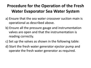 Procedure for the Operation of the Fresh
Water Evaporator Sea Water System
a) Ensure that the sea water crossover suction main is
operational as described above.
b) Ensure all the pressure gauge and instrumentation
valves are open and that the instrumentation is
reading correctly.
c) Set up the valves as shown in the following table:
d) Start the fresh water generator ejector pump and
operate the fresh water generator as required.
 