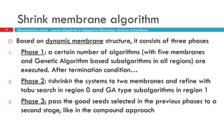 Shrink membrane algorithm
30 Bioinformatics course - Laurea Magistrale in Ingegneria Informatica, Percorso di Eccellenza
 Based on dynamic membrane structure, it consists of three phases
1. Phase 1: a certain number of algorithms (with five membranes
and Genetic Algorithm based subalgorithms in all regions) are
executed. After termination condition…
2. Phase 2: «shrink» the systems to two membranes and refine with
tabu search in region 0 and GA type subalgorithms in region 1
3. Phase 3: pass the good seeds selected in the previous phases to a
second stage, like in the compound approach
 