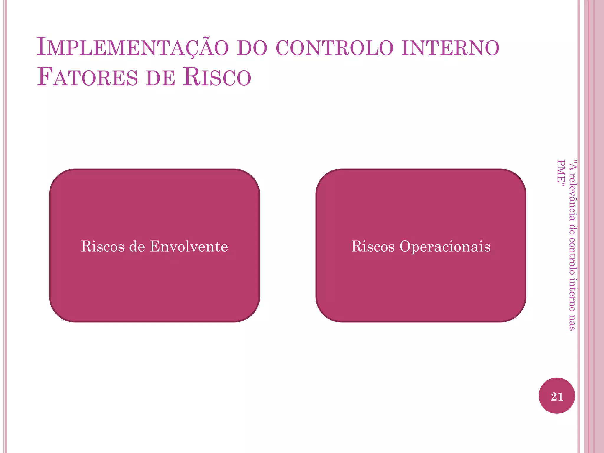 Implementação do controlo
interno Limitações
• O controlo interno nem sempre prevê
situações pouco usuais;
• Deve ter-se sempre em conta a relação
custo/benefício na implementação de
determinado procedimento de controlo
interno.
"A relevância do controlo interno nas PME"
 