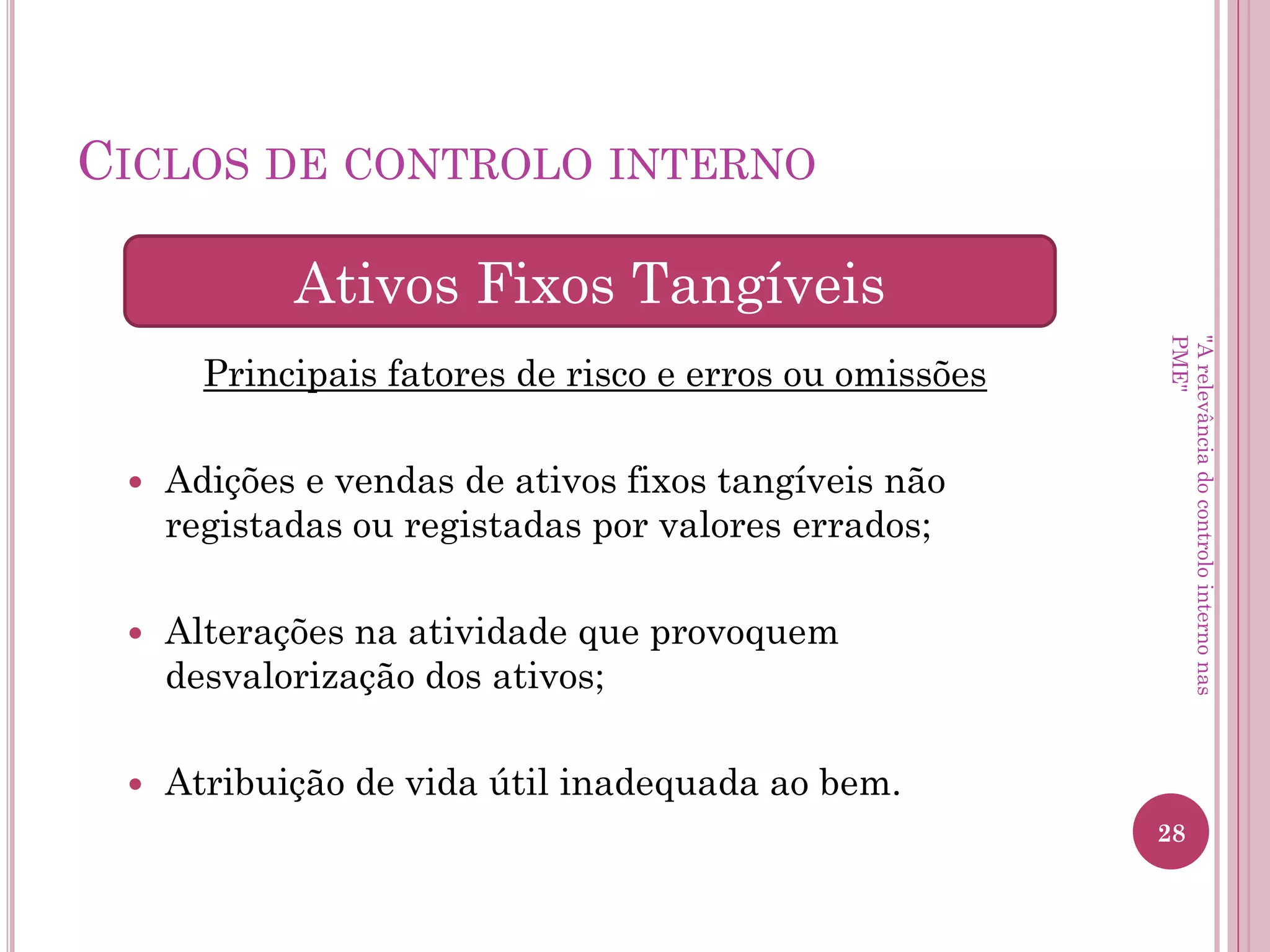 Ciclos de controlo interno
Principais fatores de risco e erros ou omissões
– Instalações de armazenagem inadequadas;
– Receção e despacho não controlados física e
qualitativamente;
– Abate de produtos efetuado através de
procedimentos inadequados.
Inventários
"A relevância do controlo interno nas PME"
 