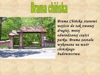 Brama Chińska stanowi wejście do tak zwanej drugiej, mniej odwiedzanej części parku. Brama została wykonana na wzór chińskiego budownictwa.  Brama chińska 