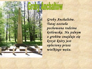 Groby Anchaltów. Tutaj została pochowana rodzina królewska. Na jednym  z grobów znajduje się krzyż który jest opleciony przez wielkiego węża.   Groby Anchaltów 