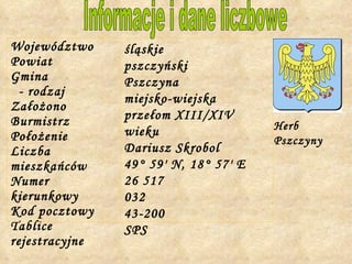 Informacje i dane liczbowe Herb Pszczyny Województwo Powiat Gmina - rodzaj Za ł o ż ono Burmistrz Po ł o ż enie Liczba mieszka ń ców Numer kierunkowy Kod pocztowy Tablice rejestracyjne ś l ą skie pszczy ń ski Pszczyna miejsko-wiejska prze ł om XIII/XIV wieku Dariusz Skrobol 49° 59' N, 18° 57' E 26 517 032 43-200 SPS 