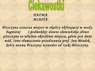 Ciekawostki Plszczyna oznacza miejsce w okolicy obfitującej w wody, bagnistej  i podmokłej: dawne słowiańskie słowo plszczyna to właśnie określenie miejsca, gdzie jest dużo wód. Inne tłumaczenie przedstawia prof. Jan Miodek, który nazwę Pszczyny wywodzi od rzeki Blszczyny. NAZWA MIASTA 