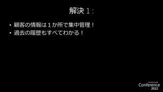 解決 1 :
• 顧客の情報は１か所で集中管理！
• 過去の履歴もすべてわかる！
 