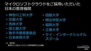 マイクロソフトクラウドをご採用いただいた
日本の教育機関
•   神奈川工科大学             •   函館大学
•   京都大学                •   明治学院大学
•   杏林大学                •   福岡大学
•   国士舘大学               •   立教大学
•   取手市教育委員会            •   ケイ・インターナショナル
•   日本体育大学                  スクール
※    敬称略
    事例化にご協力いただいた教育機関名のみ掲載
 
