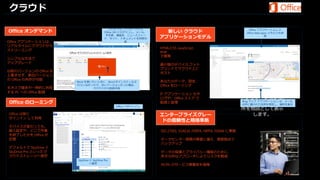 クラウド

                                          どのようなブラウザーからも
Office オンデマンド                          Office 365 にログインし、メール、     新しい クラウド                                      Office アプリケーション と
                                                                                                               Office Web Apps どちらでも利
                                        予定表、連絡先、ニュースフィー
                                       ド、サイト、ドキュメントを利用可         アプリケーションモデル                                                 用

Office アプリケーションは、                                    能
リアルタイムにクラウドから
                                                                HTML/CSS JavaScript ,
ストリーミング
                                                                PHP
                                                                で開発
シンプルな方法で
アップグレード
                                                                最小限のデバイス フット
                                                                プリントでクラウド上に
以前のバージョンの Office を
                                                                ホスト
上書きせず、新旧バージョン
の Office の共存が可能                                                 あなたのデータ、設定、
                     Word を使いたいときに、Word がインストールさ
                     れていなかったり、古いバージョンだった場合、                     Office をローミング
キオスク端末や一時的に利用                クラウドから配信可能
する PC への Office 配信
                                                                IT アプリケーション カタ                               Excel の Bing マップ
                                                                ログや、Office ストア で                             アプリケーションは、
Office のローミング                                                   配信と管理                                        Bing マップ アプリケーション は、メール
                                                                                                             ハイライトされた住
                                                                                                             の中に書かれた住所を特定し、場所を表示
                                               Office へサインイン
                                                                                                             所を地図として表示
Office は常に                                                      エンタープライズグレー                                         します。
サインイン して利用
                                                                ドの信頼性と規格準拠
デバイスが変わっても、
個人設定や、どこで作業
                                    Get                         ISO 27001, SSAE16, FERPA, HIPPA, FISMA に準拠
を終了したかを Office が                   back
記憶                                                              データセンター規模の障害に備え、複数拠点で
                                      to                        バックアップ
デフォルトで SkyDrive と                 where
SkyDrive Pro といったク                                              データの保護とプライバシー確保のために、
ラウドストレージへ保存                         you                         多次元的なアプローチによりリスクを軽減
                                    left
                     SkyDrive と SkyDrive Pro
                              へ保存                               99.9% のサービス稼働率を保障
 