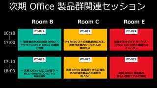 次期 Office 製品群関連セッション
              Room B                Room C               Room E
                PT-014                PT-019               PT-024
16:10
  ｜
17:00   ～ 管理者のための次期 Office ～   マイクロソフトの実践事例にみる、      加速するクラウド サ－ビス :
        クラウドになった Office の展開      次世代企業内ソーシャルの        Office 365 の中小組織への
               と管理                   展開手法                    インパクト



                PT-015                PT-020               PT-025
17:10
  ｜
                               次期 Office 製品群でさらに強化
18:00   ～ 次期 Office はここが違う ～
                                された競合製品との差別化           次期 Office 製品群の
          新しい Office のコンセプトと
                新機能解説                   ポイント          新しい開発モデルの解説
 