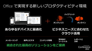 Office で実現する新しいプロダクティビティ環境

                                      ハイブリッド



                             オンプレミス            オンライン



あらゆるデバイスに最適化                 ビジネスニーズに合わせた
                                クラウド活用
                                学内向け       レポートと
メッセージング   音声とビデオ   コンテンツ管理
                                ソーシャル      分析

 統合された最高のソリューションをご提供
 