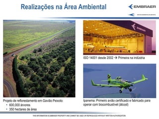 Realizações na Área Ambiental Ipanema: Primeiro avião certificado e fabricado para operar com biocombustível (álcool) Projeto de reflorestamento em Gavião Peixoto: 600,000 árvores 350 hectares de área ISO 14001 desde 2002    Primeira na indústria 