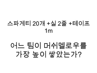 스파게티 20개 +실 2줄 +테이프 1m 어느 팀이 머쉬멜로우를가장 높이 쌓았는가?