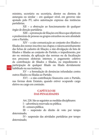 ministra, secretário ou secretária, diretor ou diretora de
      autarquia ou similar – em qualquer nível, em governo não
      apoiado pelo PT, salvo autorização expressa das instâncias
      partidárias;
                 XII – a obstrução ao funcionamento de qualquer
      órgão de direção partidária;
                 XIII – a promoção de filiações em bloco que objetivem
      o predomínio de pessoas ou grupos estranhos ou sem afinidade
      com o Partido;
                 XIV – a não-comunicação ao conjunto dos filiados e
      filiadas dos nomes inscritos nas chapas; o nãoencaminhamento
      das fichas de cadastro de filiação; a não-divulgação da lista de
      filiados e filiadas ao conjunto do Partido; o impedimento, por
      ato ou omissão, da aplicação das normas ou da fiscalização
      nos processos eleitorais internos; o pagamento coletivo
      da contribuição de filiados e filiadas, ou impedimento à
      participação de qualquer filiado ou filiada devidamente
102   habilitado na sua instância;
                 XV – a formulação de denúncias infundadas contra
      outros filiados ou filiadas ao Partido;
                 XVI – a não-contribuição financeira com o Partido,
      nas formas deste Estatuto, quando estiver ocupando cargo
      eletivo ou cargo em comissão.

                            CAPÍTULO III
                          DAS PENALIDADES

               Art. 228. São as seguintes as medidas disciplinares:
               I – advertência reservada ou pública;
               II– censura pública;
               III – suspensão do direito de voto por tempo
      determinado;
               IV– suspensão das atividades partidárias por tempo
      determinado;
 