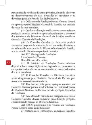personalidade jurídica e Estatuto próprios, devendo observar
     no desenvolvimento de suas atividades os princípios e as
     diretrizes gerais do Partido dos Trabalhadores.
               §1º: O Estatuto da Fundação Perseu Abramo deverá
     ser aprovado pelo Diretório Nacional do Partido, por maioria
     de votos de seus membros.
               §2º: Qualquer alteração no Estatuto a que se refere o
     parágrafo anterior deverá ser aprovada pela maioria de votos
     dos membros do Diretório Nacional do Partido, ouvido o
     Conselho Curador da Fundação.
               §3º: O Conselho Curador da Fundação poderá
     apresentar proposta de alteração de seu respectivo Estatuto, a
     ser submetida à aprovação do Diretório Nacional do Partido,
     nos termos do disposto no parágrafo anterior.
               Art. 122. São órgãos da Fundação:
               I – o Conselho Curador;
               II – a Diretoria Executiva;
62             §1º: O Estatuto da Fundação Perseu Abramo
     disporá sobre a composição destes órgãos bem como sobre a
     competência de cada um de seus membros e sobre a duração
     dos seus mandatos.
               §2º: O Conselho Curador e a Diretoria Executiva
     serão designados pelo Diretório Nacional do Partido por
     maioria de votos de seus membros.
               §3º: Em caso de falta grave, qualquer membro do
     Conselho Curador poderá ser destituído, por maioria de votos
     do Diretório Nacional do Partido, ouvido o próprio Conselho
     da Fundação.
               §4º: Para efeito do disposto no parágrafo anterior, o
     Conselho Curador deverá instaurar procedimento próprio,
     encaminhando parecer ao Diretório Nacional.
               Art. 123. O patrimônio e os recursos da Fundação
     Perseu Abramo serão constituídos de:
               a) contribuições, subvenções, convênios, legados,
 