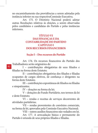no encaminhamento das providências a serem adotadas pela
     instância inferior ou sua respectivaComissão Executiva.
               Art. 175. O Diretório Nacional poderá adotar
     outras Resoluções relativas às eleições, a serem observadas
     pelos candidatos e candidatas do Partido e pelas instâncias
     inferiores.

                          TÍTULO VI
                      DAS FINANÇAS E DA
                  CONTABILIDADE DO PARTIDO
                         CAPÍTULO I
                  DOS RECURSOS FINANCEIROS

                  Seção I – Dos recursos do Partido

               Art. 176. Os recursos financeiros do Partido dos
     Trabalhadores serão originários de:
82             I – contribuições obrigatórias de seus filiados e
     filiadas na forma deste Estatuto;
               II – contribuições obrigatórias dos filiados e filiadas
     ocupantes de cargos eletivos, de confiança e dirigentes na
     forma deste Estatuto;
               III – contribuições espontâneas de filiados ou filiadas
     e simpatizantes;
               IV – doações na forma da lei;
               V – dotações do Fundo Partidário, nos termos da lei
     e deste Estatuto;
               VI – rendas e receitas de serviços decorrentes de
     atividades partidárias;
               VII – rendas provenientes de convênios comerciais,
     na forma da lei, aprovados pela Comissão Executiva Nacional;
               VIII – outros auxílios financeiros não vedados em lei.
               Art. 177. A arrecadação básica e permanente do
     Partido é oriunda de seus próprios filiados e filiadas.
 