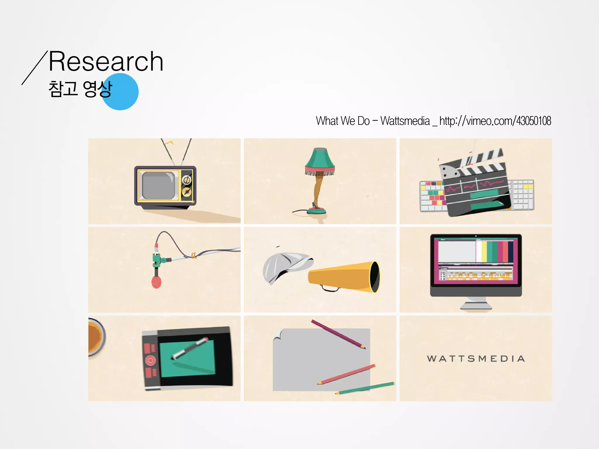 Research
참고 영상
           What We Do - Wattsmedia _ http://vimeo.com/43050108
 