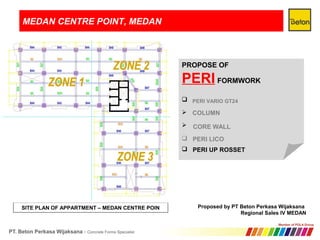 MEDAN CENTRE POINT, MEDAN
SITE PLAN OF APPARTMENT – MEDAN CENTRE POIN
PROPOSE OF
PERI FORMWORK



Proposed by PT Beton Perkasa Wijaksana
Regional Sales IV MEDAN
PERI VARIO GT24
COLUMN
CORE WALL
 PERI LICO
 PERI UP ROSSET
 