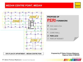 MEDAN CENTRE POINT, MEDAN
SITE PLAN OF APPARTMENT – MEDAN CENTRE POIN
PROPOSE OF
PERI FORMWORK



Proposed by PT Beton Perkasa Wijaksana
Regional Sales IV MEDAN
PERI VARIO GT24
COLUMN
CORE WALL
 PERI LICO
 PERI UP ROSSET
 