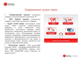 Современные услуги связи
     Операторский    транзит    голосового
трафика с иcпользованием технологий IP.
    SS7,   Sigtran   транзит   сигнального
трафика, адаптация сигнального трафика.
   Аудит сетей связи. Бэнчмаркинг сетей
связи.    Аудит   качества   предоставления
сервисов     в   сетях   мобильной    связи
2G/3G/3,5G, техническая проверка новых
мобильных терминалов, выполнение работ по
оптимизации сети, балансировка сетевой
нагрузки, проведение тендерной верификации
выбранного оборудования, паспортизация по
нагрузке и функциональности при вводе в
эксплуатацию новых сетевых сегментов или
узлов, их периодический аудит.
    Контентые услуги.   VAS услуги:SIM
browsing, DSTK платформа,WAP/GPRS CPA,
АПК коррекции WAP/GPRS трафика, Sim-
меню, ICB, USSD/SMS акции, подписки на
видео контент.
 