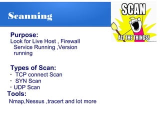 Scanning
Purpose:
Look for Live Host , Firewall
Service Running ,Version
running
Types of Scan:
•
TCP connect Scan
•
SYN Scan
•
UDP Scan
Tools:
Nmap,Nessus ,tracert and lot more
 