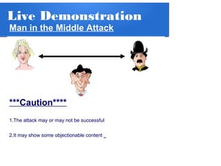 Live Demonstration
Man in the Middle Attack
***Caution****
1.The attack may or may not be successful
2.It may show some objectionable content
 