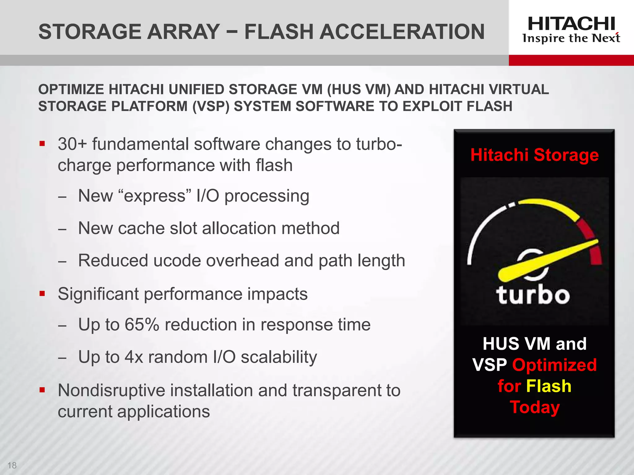 STORAGE ARRAY − FLASH ACCELERATION
OPTIMIZE HITACHI UNIFIED STORAGE VM (HUS VM) AND HITACHI VIRTUAL
STORAGE PLATFORM (VSP) SYSTEM SOFTWARE TO EXPLOIT FLASH

 30+ fundamental software changes to turbocharge performance with flash

Hitachi Storage

‒ New “express” I/O processing
‒ New cache slot allocation method
‒ Reduced ucode overhead and path length
 Significant performance impacts
‒ Up to 65% reduction in response time
‒ Up to 4x random I/O scalability
 Nondisruptive installation and transparent to
current applications

HUS VM and
VSP Optimized
for Flash
Today

 