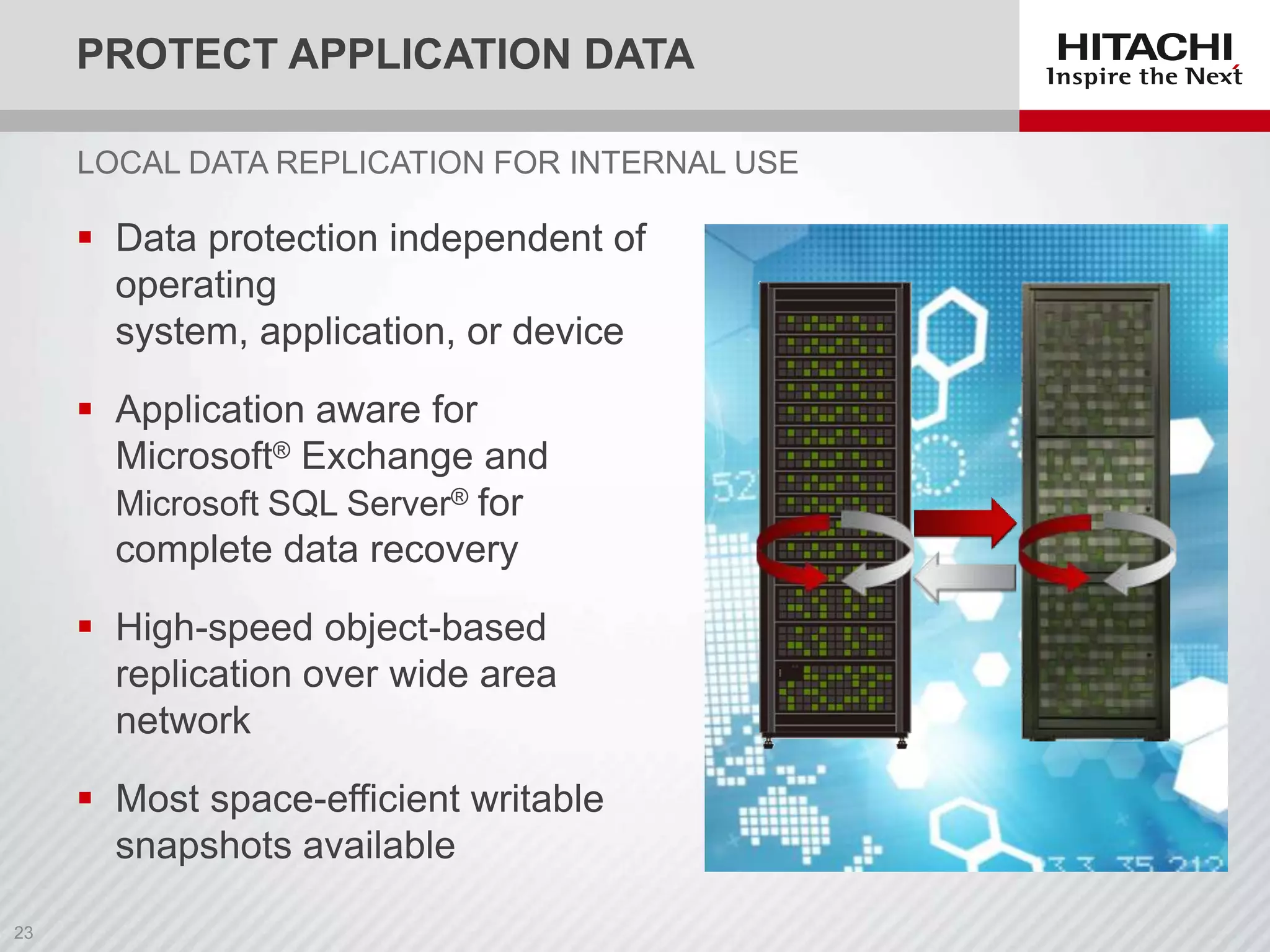 PROTECT APPLICATION DATA
LOCAL DATA REPLICATION FOR INTERNAL USE

 Data protection independent of
operating
system, application, or device
 Application aware for
Microsoft® Exchange and
Microsoft SQL Server® for
complete data recovery
 High-speed object-based
replication over wide area
network
 Most space-efficient writable
snapshots available

 