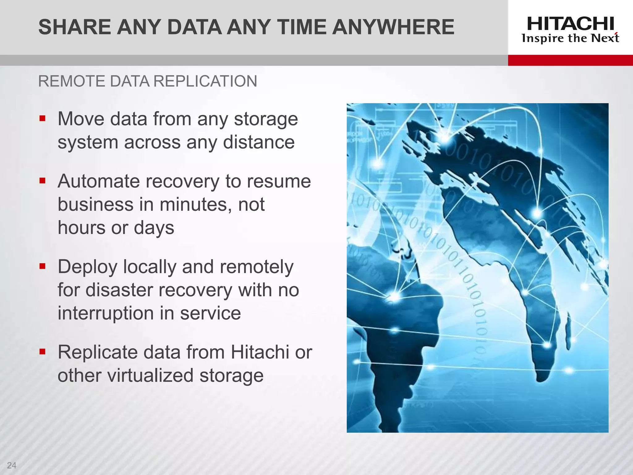 SHARE ANY DATA ANY TIME ANYWHERE
REMOTE DATA REPLICATION

 Move data from any storage
system across any distance

 Automate recovery to resume
business in minutes, not
hours or days
 Deploy locally and remotely
for disaster recovery with no
interruption in service
 Replicate data from Hitachi or
other virtualized storage

 