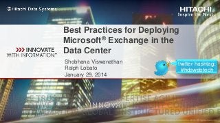 Best Practices for Deploying
Microsoft® Exchange in the
Data Center
Shobhana Viswanathan
Ralph Lobato
January 29, 2014

twitter hashtag:
#hdswebtech

 
