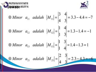 Jawab:
63.43.2
34
32
13.14.1
41
31
14.13.1
31
41
74.43.3
34
43
2121
1313
1212
1111
−=−==⊗
=−==⊗
−=−==⊗
−=−==⊗
MadalahaMinor
MadalahaMinor
MadalahaMinor
MadalahaMinor
 