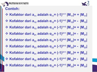 Contoh:
 Kofaktor dari a11 adalah α11= (-1)1+1
|M11|= + |M11|
 Kofaktor dari a12 adalah α12= (-1)1+2
|M12|= - |M12|
 Kofaktor dari a13 adalah α13= (-1)1+3
|M13|= + |M13|
 Kofaktor dari a21 adalah α21= (-1)2+1
|M21|= - |M21|
 Kofaktor dari a22 adalah α22= (-1)2+2
|M22|= + |M22|
 Kofaktor dari a23 adalah α23= (-1)2+3
|M23|= - |M23|
 Kofaktor dari a31 adalah α31= (-1)3+1
|M31|= + |M31|
 Kofaktor dari a32 adalah α32= (-1)3+2
|M32|= - |M32|
 Kofaktor dari a33 adalah α33= (-1)3+3
|M33|= + |M33|
 