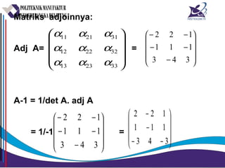 Matriks adjoinnya:
Adj A= =
A-1 = 1/det A. adj A
= 1/-1 =










332313
322212
312111
ααα
ααα
ααα










−
−−
−−
343
111
122










−
−−
−−
343
111
122










−−
−
−
343
111
122
 
